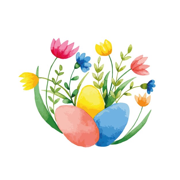 Ilustración de flores y huevos de Pascua de acuarela Tarjeta de felicitación de Pascua de acuarela dibujada a mano