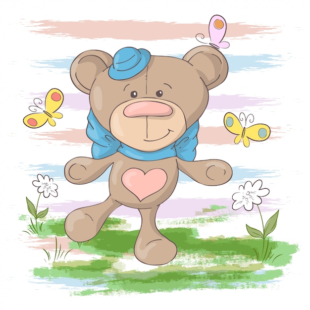 Ilustración de las flores y de las mariposas lindas del oso de peluche. Estilo de dibujos animados