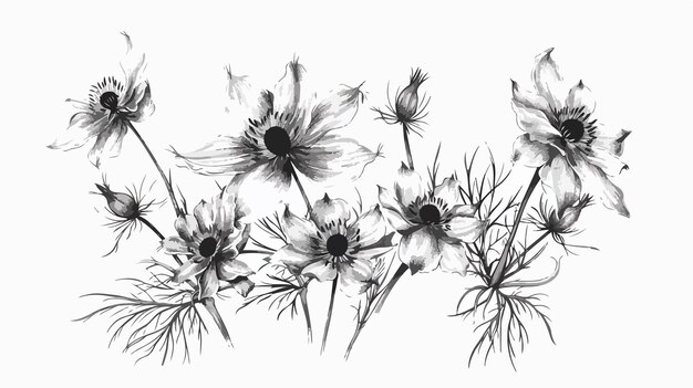Ilustración de flores de Nigella dibujadas a mano para proyectos creativos