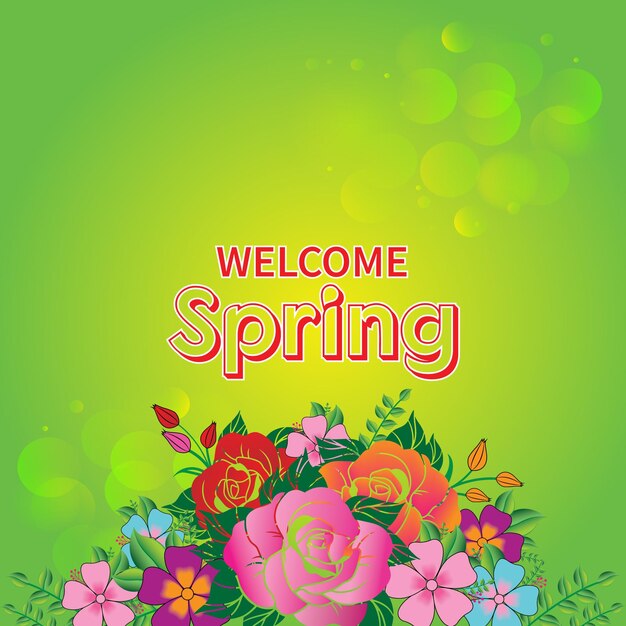 Ilustración de flores de primavera bienvenida a la primavera Letra de la temporada de primavera con hojas para la tarjeta de felicitación