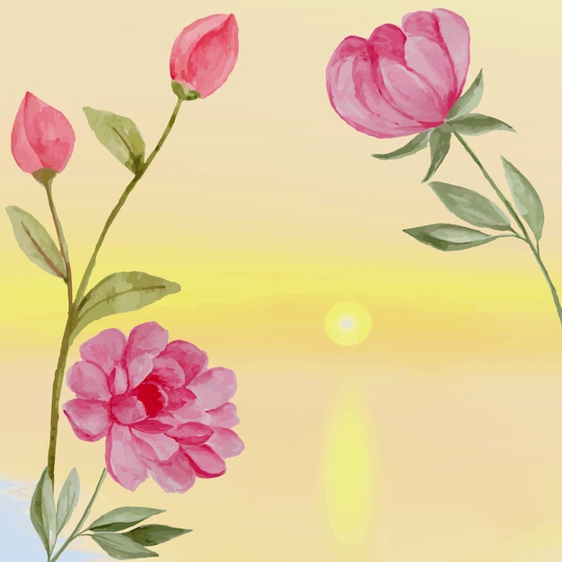 ilustración de flores rosadas con un fondo de puesta de sol