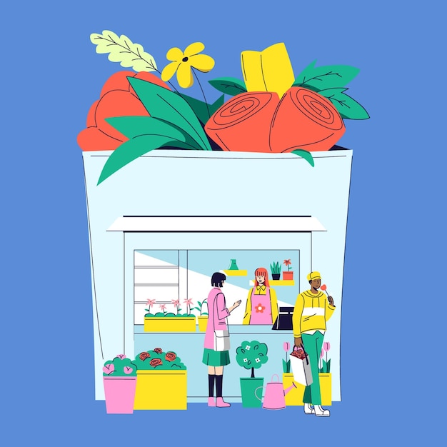Ilustración de una floristería moderna con un edificio diseñado como una bolsa con plantas coloridas y un mercado