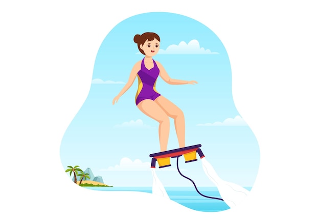 Ilustración de flyboard con personas montando jet pack en la playa de verano en actividades deportivas acuáticas dibujadas a mano