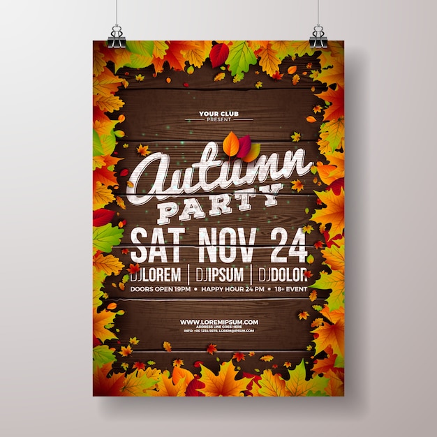 Vector ilustración de flyer fiesta de otoño con hojas caídas y diseño de tipografía en madera vintage