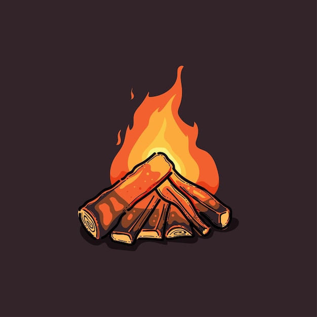 Ilustración de una fogata con una llama ardiente sobre un fondo oscuro