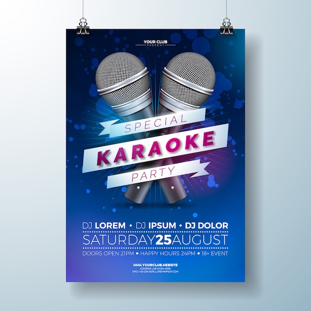 Vector ilustración de folleto en un tema de fiesta de karaoke con micrófonos