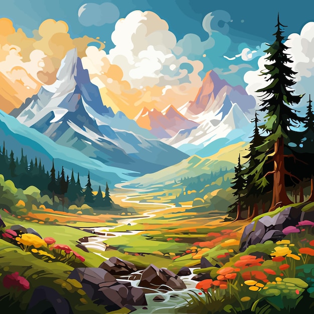 Ilustración de fondo arco iris en las montañas
