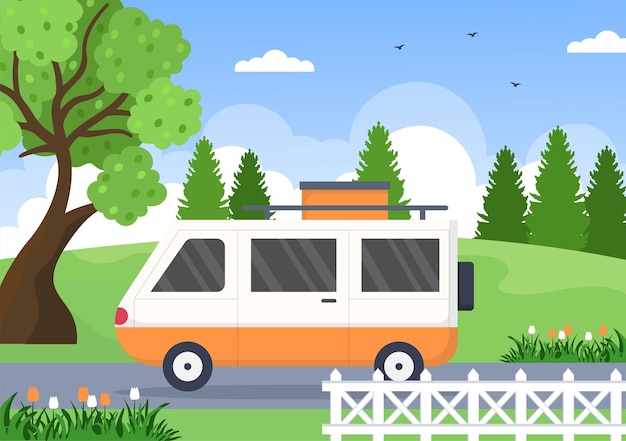 Ilustración de fondo de autocaravana con carpa camper car y equipo para aventuras o vacaciones