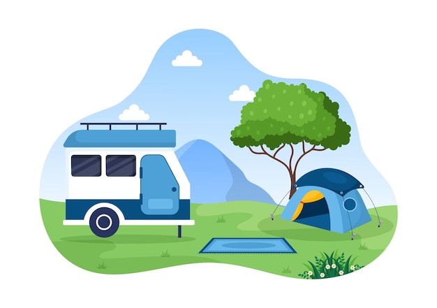 Ilustración de fondo de autocaravana con carpa Camper Car y equipo para aventuras o vacaciones