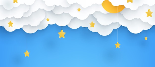 Vector ilustración. fondo azul infantil con nubes y estrellas