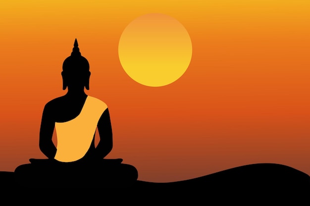 Ilustración de fondo de buda meditando en silueta y puesta de sol