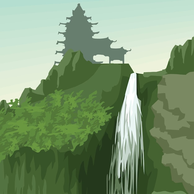 Vector ilustración de fondo de cascada de naturaleza asiática