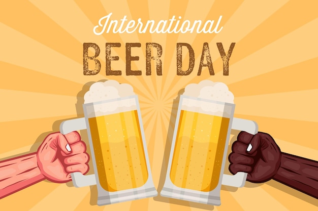 Vector ilustración de fondo del día internacional de la cerveza con dos manos sosteniendo grandes vasos de cerveza