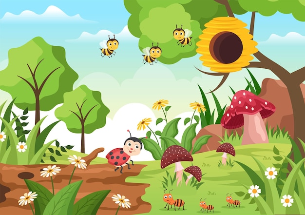 Ilustración de fondo de dibujos animados hermoso jardín con naturaleza de paisaje de varios animales y plantas