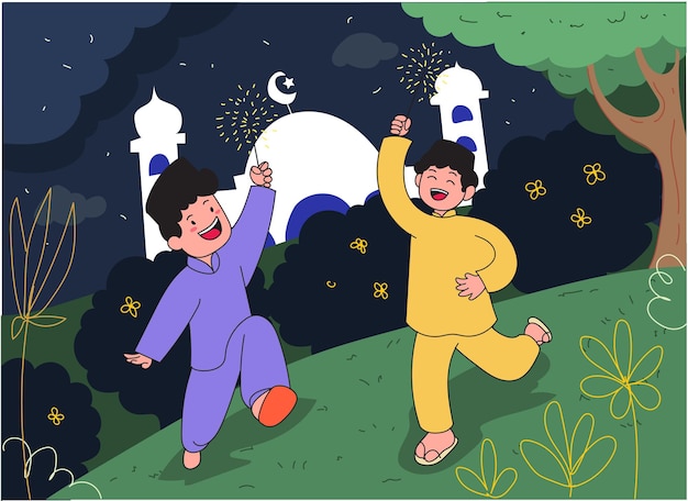 Vector ilustración de fondo de dos niños celebrando el eid al-fitr disparando fuegos artificiales