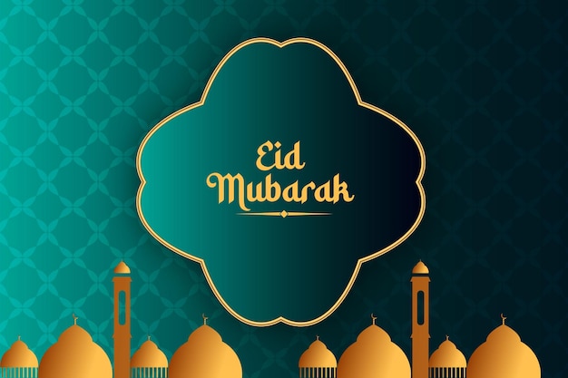 Una ilustración de un fondo para eid mubarak con una mezquita y un fondo azul.