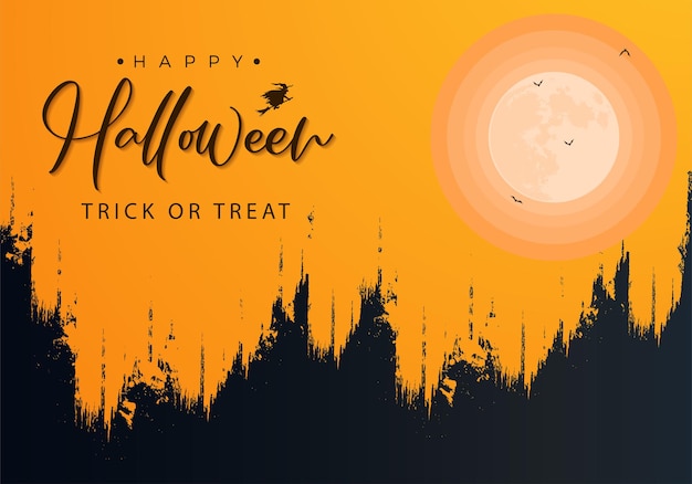 Vector ilustración de fondo de feliz halloween con trazo de pincel grunge y texto de halloween y una gran luna llena