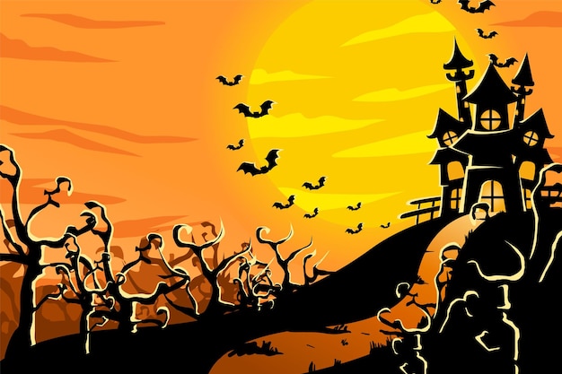 Vector ilustración de fondo de halloween con castillo y murciélago