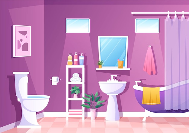 Ilustración de fondo interior de muebles de baño moderno con bañera para ducharse y limpiar