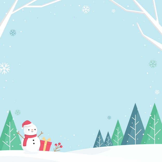 Ilustración de fondo de invierno cubierto de nieve con árboles y muñeco de nieve.