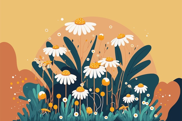 Vector ilustración de fondo de naturaleza de flores de manzanilla blanca