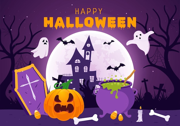 Ilustración de fondo de la noche de Halloween con calabazas a la luz de la luna y varios otros elementos