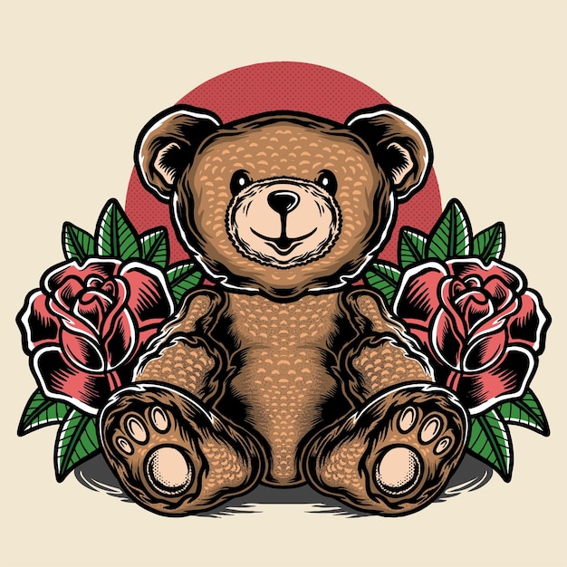 Ilustración de fondo de oso de peluche y rosas