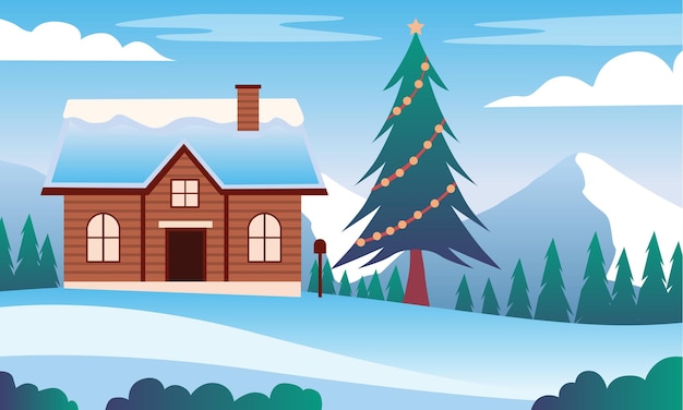 Ilustración de fondo de paisaje de navidad, diseño de tarjeta de navidad. vector