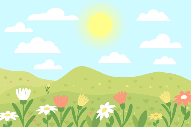 Ilustración de fondo de paisaje de primavera de diseño plano con flores sol y nubes