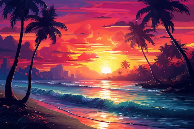 ilustración de fondo de pantalla de playa tropical al atardecer