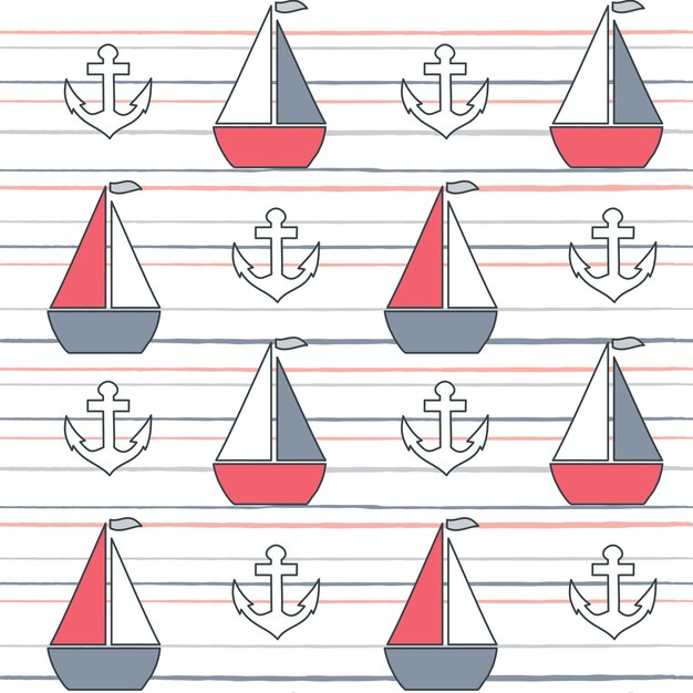 Ilustración de fondo de patrón de vector transparente rayas marinas de verano de dibujos animados lindo con barcos