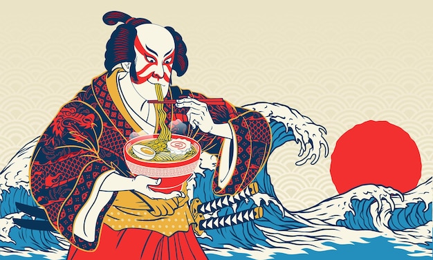Vector ilustración de fondo de pintura japonesa de hombres come fideos ramen