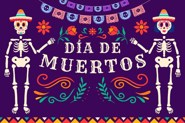 Ilustración de fondo plana de dia de muertos con mujeres y hombres esqueléticos que usaban sombrero sombrero