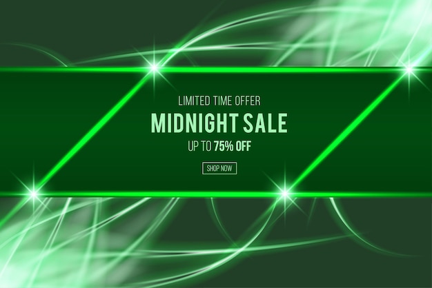 Ilustración de fondo de plantilla de banner de venta verde, venta de medianoche, neón