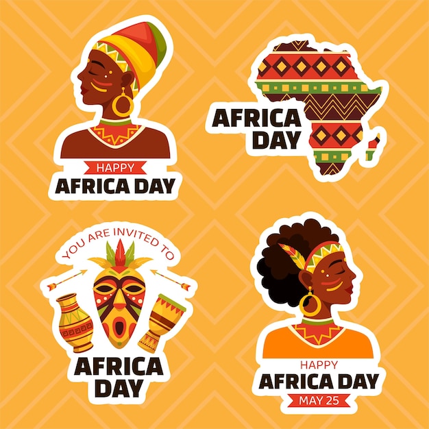 Ilustración de fondo de plantillas dibujadas a mano de dibujos animados planos de etiqueta de feliz día de África