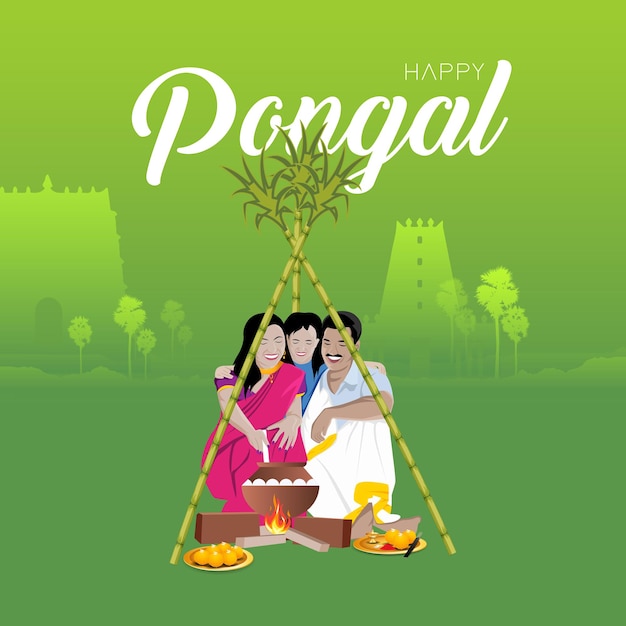 Ilustración del fondo de saludo Happy Pongal Holiday Harvest Festival de Tamil Nadu en el sur de la India
