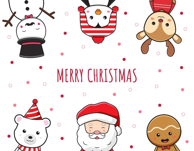 Ilustración de fondo de tarjeta de doodle de dibujos animados de feliz Navidad saludo de personaje de Navidad