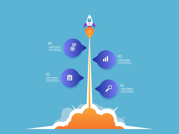 Ilustración de fondo de vector de pasos de infografía vertical de línea de tiempo de negocios lanzador de cohetes 4 pasos