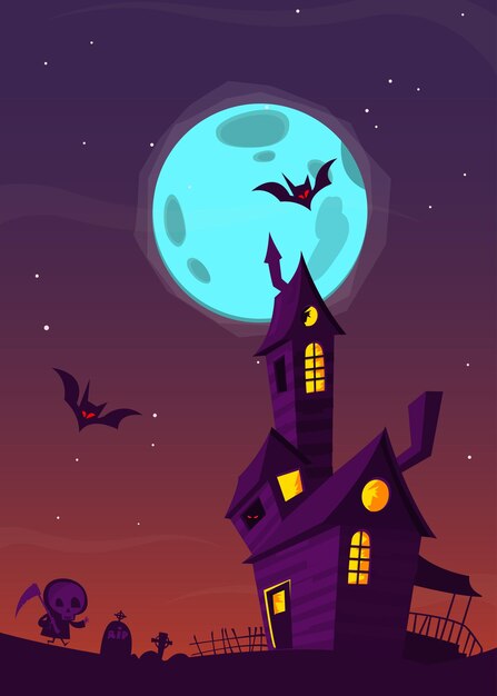 Ilustración de fondo vectorial de halloween de las casas embrujadas aterradoras de dibujos animados