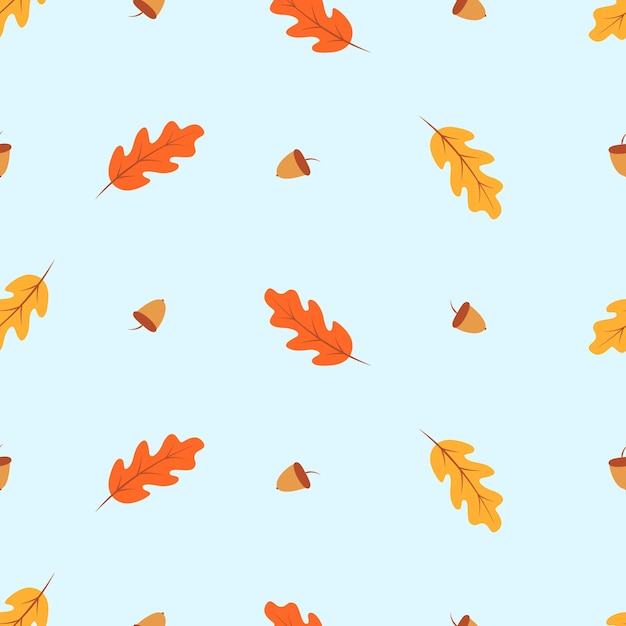 Ilustración de fondo vectorial de hojas de roble y bellotas de otoño sin costuras