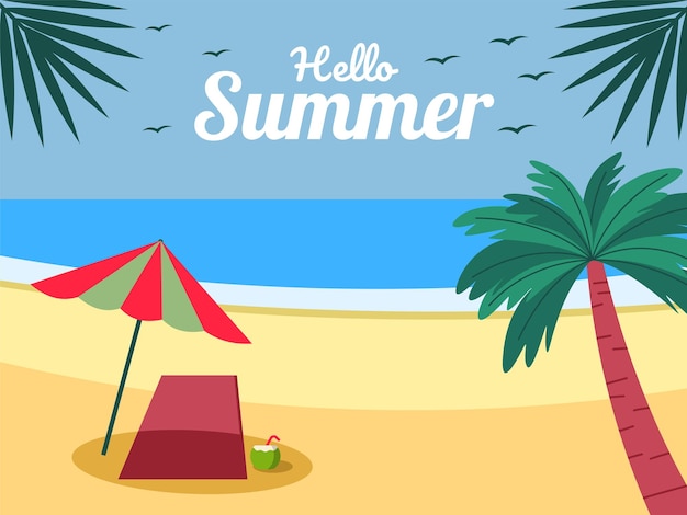 Ilustración de fondo de verano con sombrilla de playa y palmeras ilustración vectorial de diseño plano