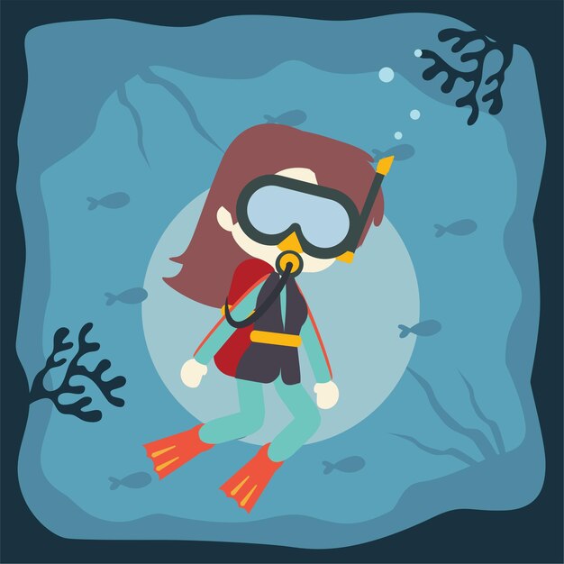 Ilustración de fondo de vida submarina con lindo personaje de buzo