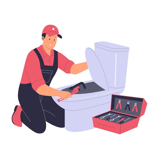 Ilustración de un fontanero arreglando el inodoro con herramientas