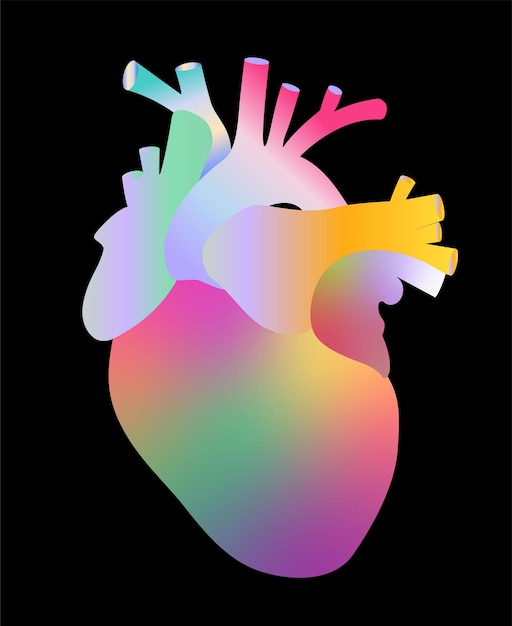 Ilustración de forma libre de superposiciones multicolores en forma de un corazón humano flotando en un negro