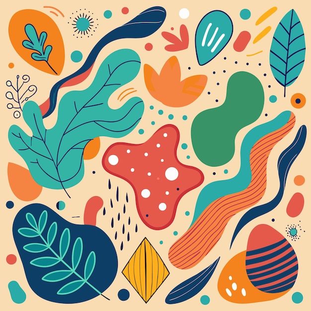 Ilustración de formas orgánicas abstractas y elementos botánicos
