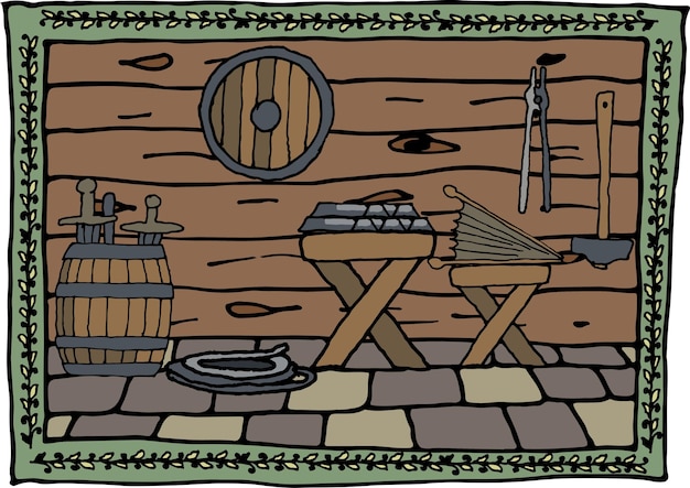 Ilustración de una fragua medieval en un marco estilizado Herramientas de forja medieval Martillo de hierro Productos de hierro