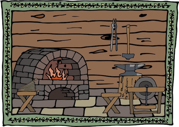 Ilustración de una fragua medieval en un marco estilizado Piedra de afilar de yunque de horno de fragua medieval