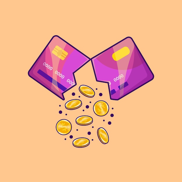Ilustración de fraude de cardado con tarjeta de crédito rota y monedas en estilo de dibujos animados