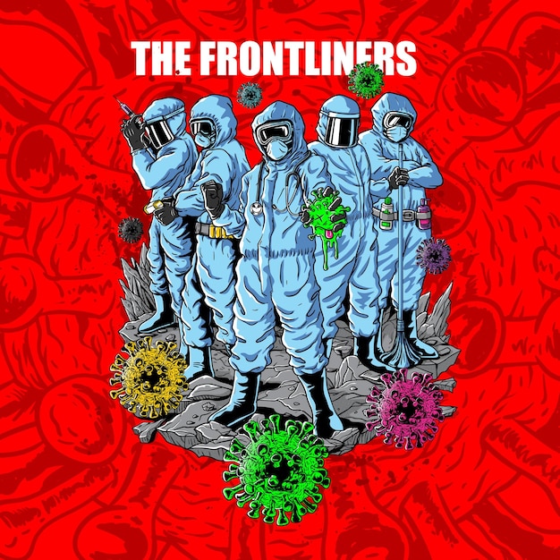 Vector ilustración de frontliners con algunos virus alrededor