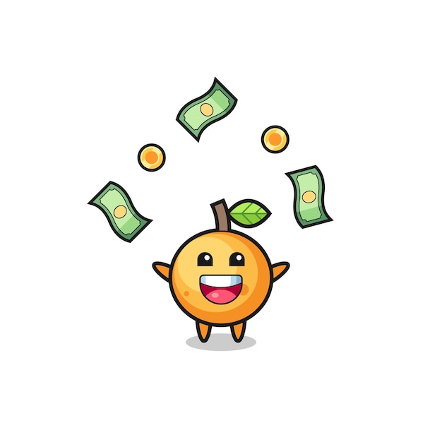 Ilustración de la fruta naranja atrapando dinero cayendo del cielo